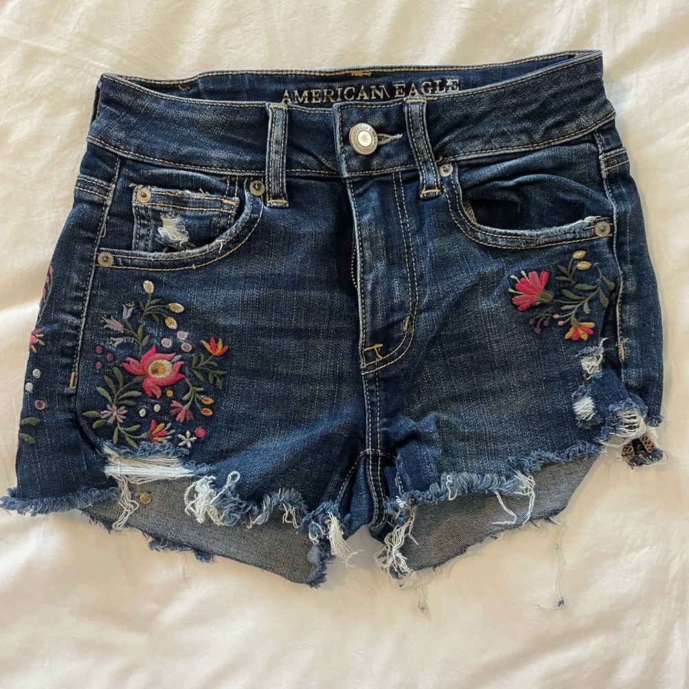 American Eagle Outfitters Floral Embroidered Jean Shorts - Dark Blue